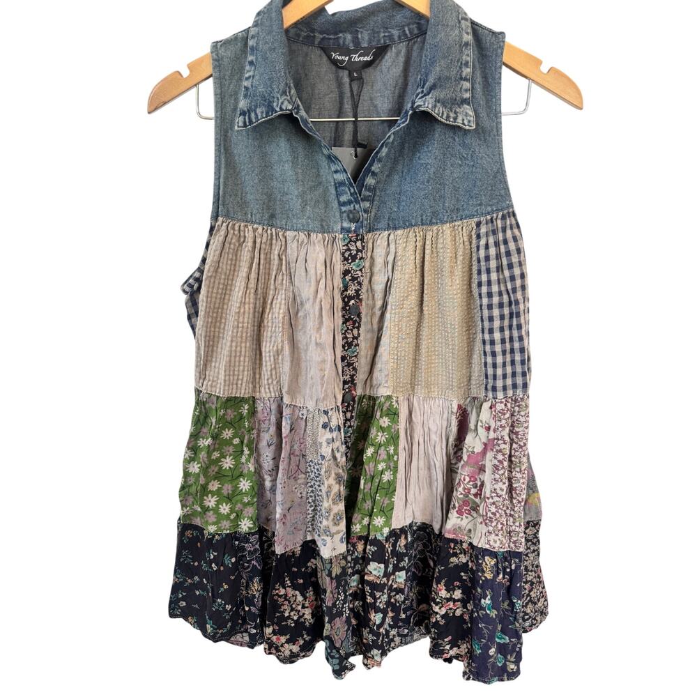 Young Threads Denim Patchwork Meadow Vintage Tank Boho Sleeveless Top Size L NWT